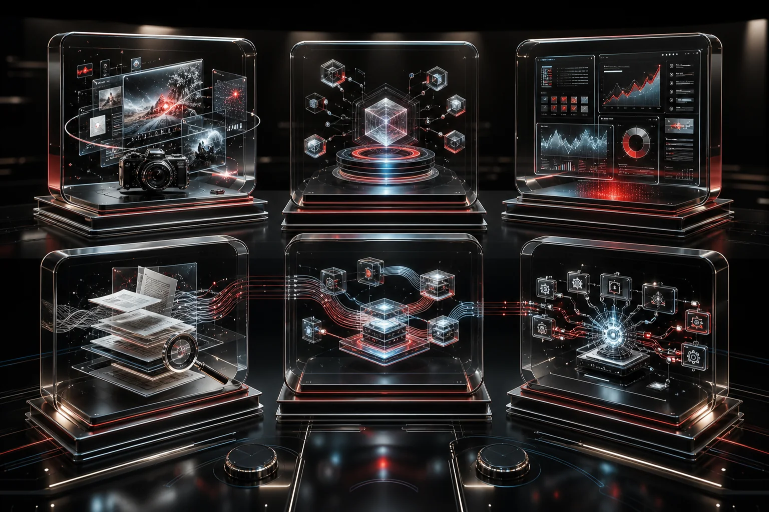 Six AI production capability modules in a premium command interface